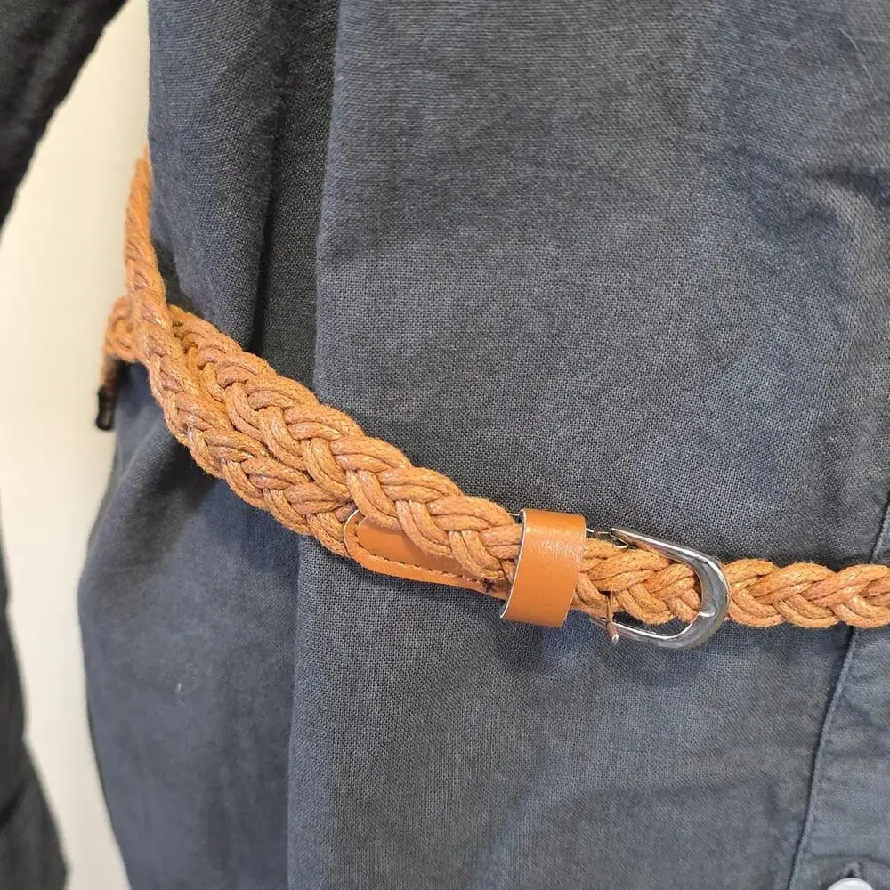 Target Tan Braided Faux Leather Narrow Belt Silver Buckle